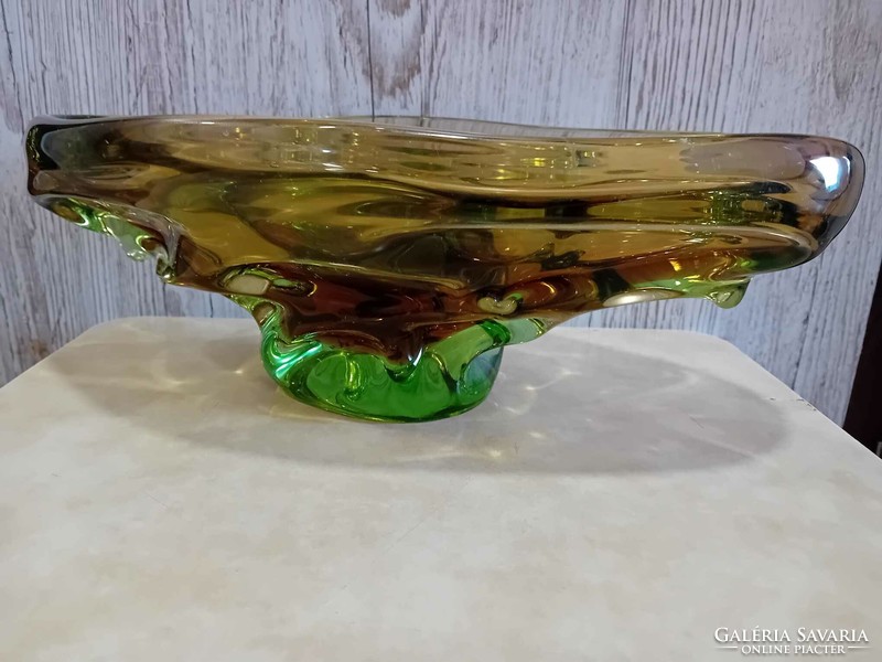 Csehszlovák uránüveg, urán üveg gyümölcsös tál szép barnás és zöldes színben