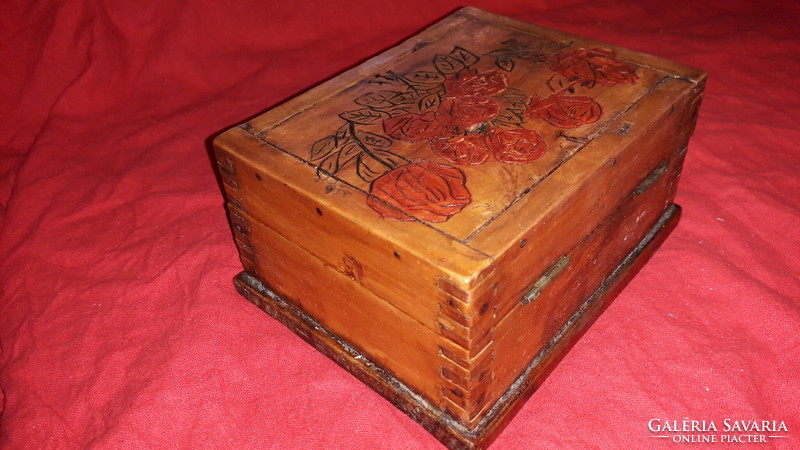 Antique heavy, iron-plated, heavy, thick wooden, painted, scratched, flower-lined decorative box on the inside
