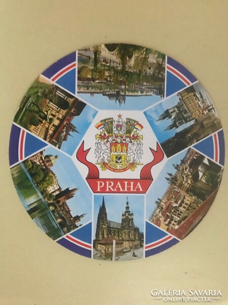 Souvenir, available in shops, foreign postcard. A traveling memory. Colorful, round, postal dough. Prague