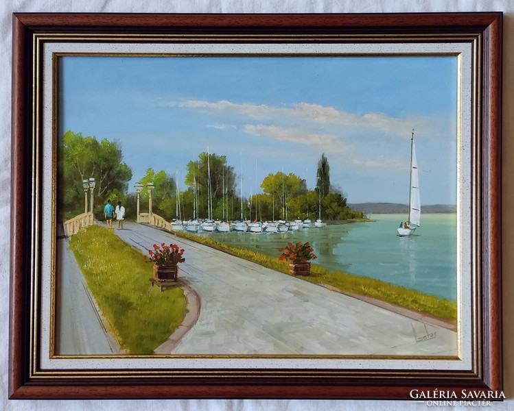 Lantos György "Balatonföldvár, bejárat a Galamb-szigetre" c. festmény minőségi, szép keretben