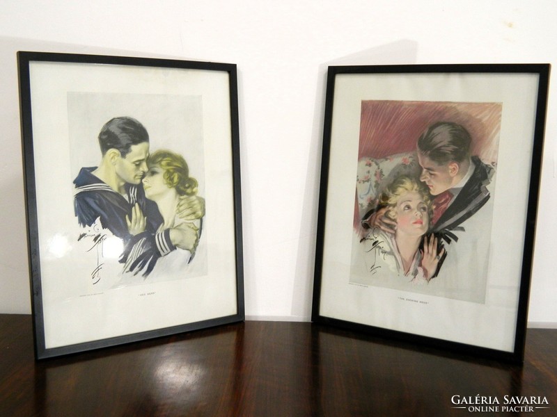 2 early art deco, romantic framed wall pictures / prints
