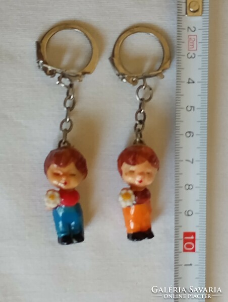 Hand-painted retro keyring boy with flowers 2 pcs in one