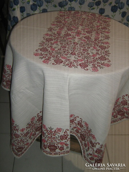 Beautiful antique off-white burgundy floral woven tablecloth