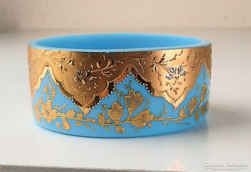 Antique chalcedony glass bowl with gold-colored painted decoration