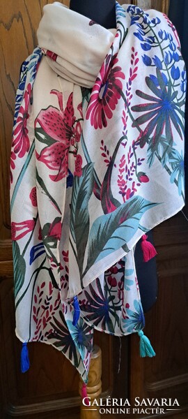 Women's scarf with flowers and birds, Italian stole (l4648)