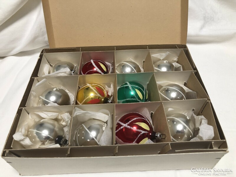 Antique, old Christmas tree decoration, 12 decorative glass spheres in a box