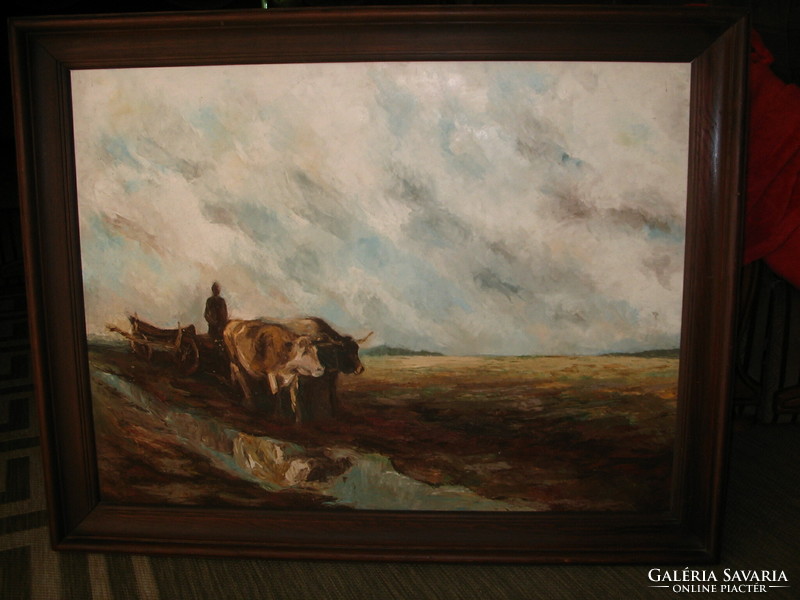 Kvalitásos nagyméretű ökrös szekér olaj festmény egy ismeretlen festőtől