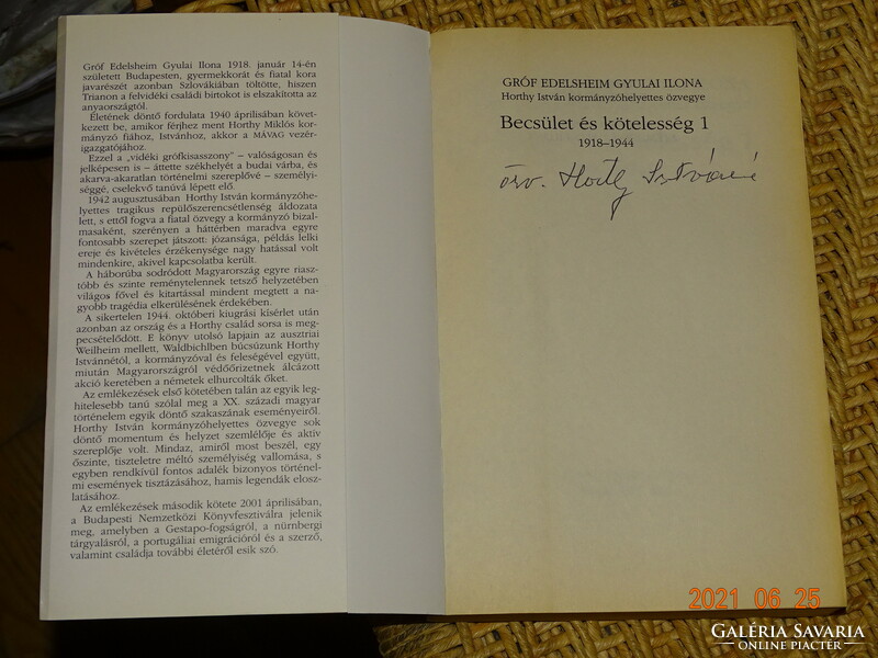 Count Ilona Gyulai of Edelsheim (widow of I. Horthy, Deputy Governor): honor and duty 2x signed!