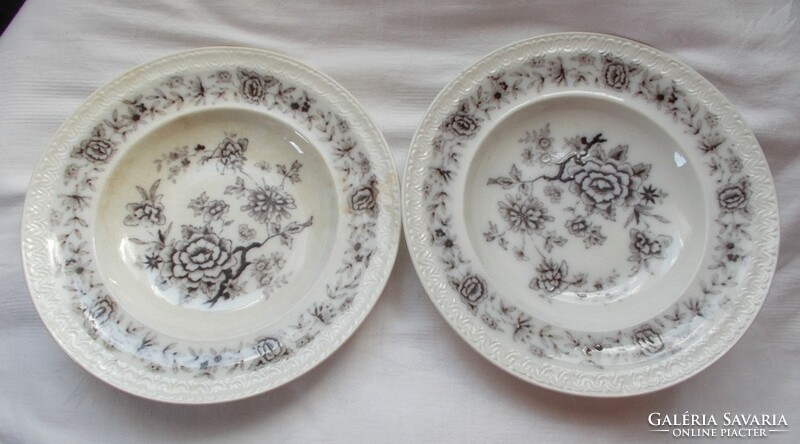 2 antique, Swedish convex soup plates with a rose pattern