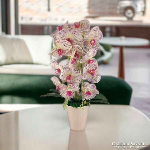 Kétszálas élethű lila és krémszínű cirmos orchidea kaspóban OR206KRLI