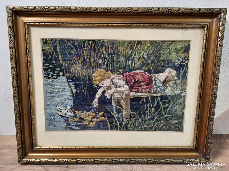 Little girl at the water's edge with ducklings antique needle tapestry picture in a nice frame. 36 X 28 cm