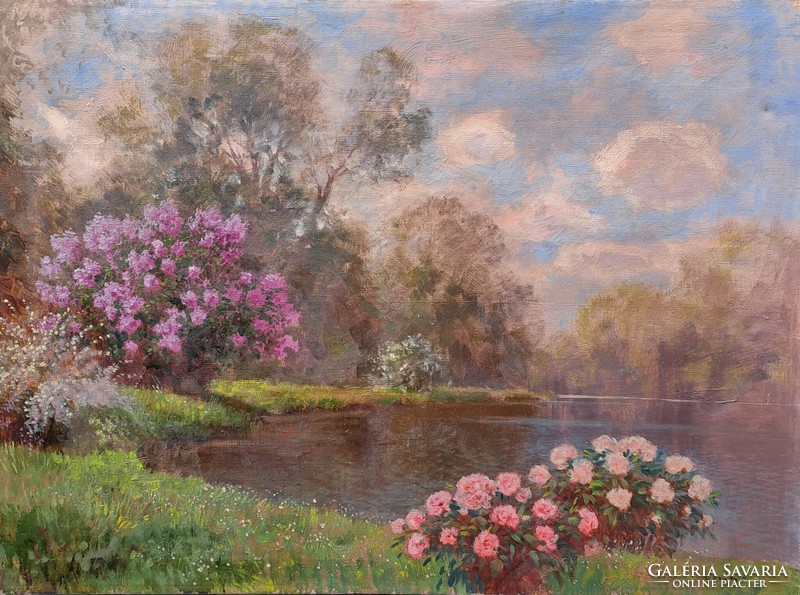 Ferenc Olgyai (1872-1939): waterfront landscape, 75x100 cm.