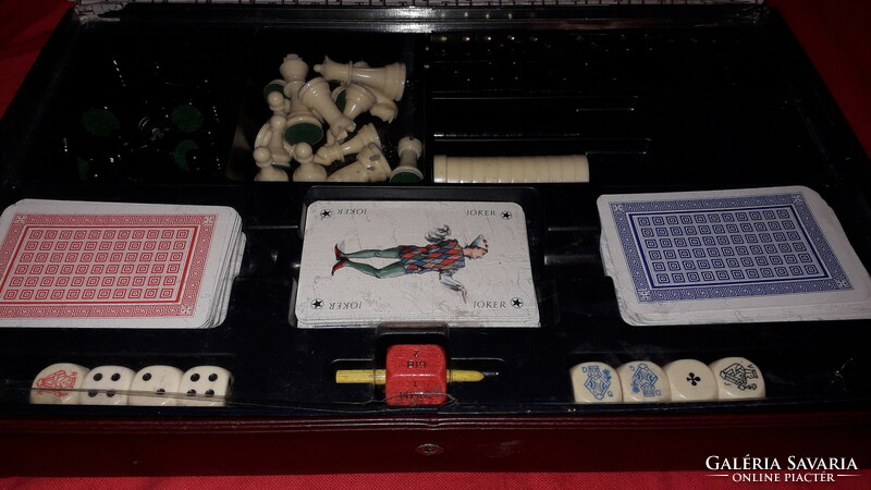 Antik bőrtáskás utazó játék sakk - malom -kártya kockajáték csomag 23 x 36 cm a képek szerint