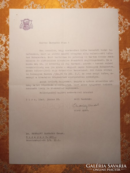 1946. Endrédy Vendel zirci apát, címeres levele 2.
