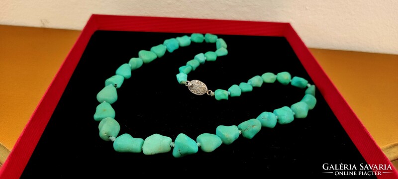 Antique turquoise necklace with real silver clasp 47 cm