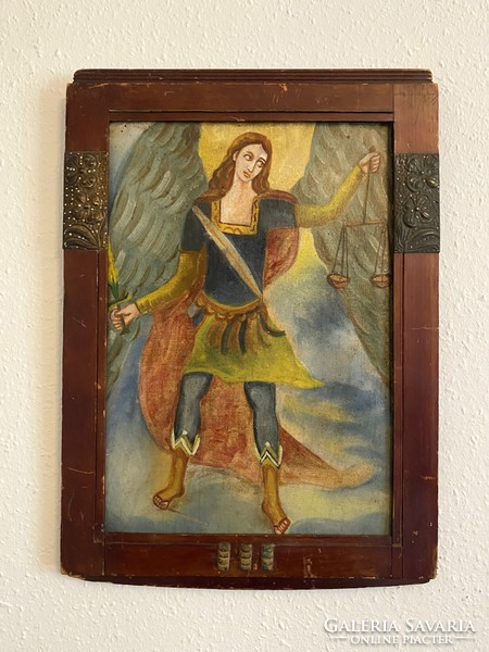 Justicia renaissance oil cardboard painting in a frame with embossed metal decoration