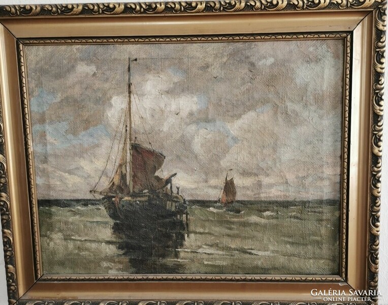Finely painted seascape sailing ship oil on canvas painting 51 x 64 cm