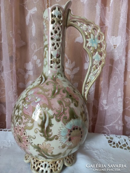 Antique, 140-year-old Zsolnay jug with Persian pattern, family seal