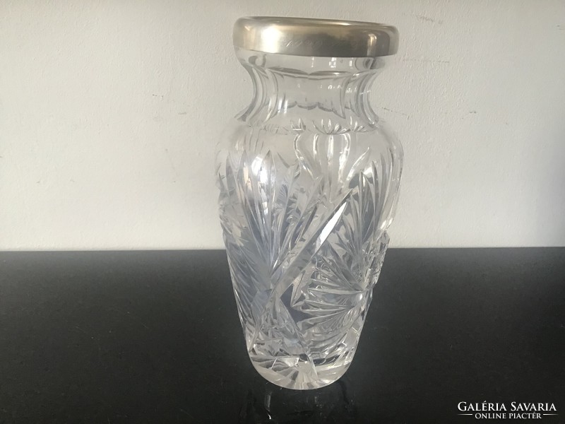 Crystal vase with silver rim 20cm.