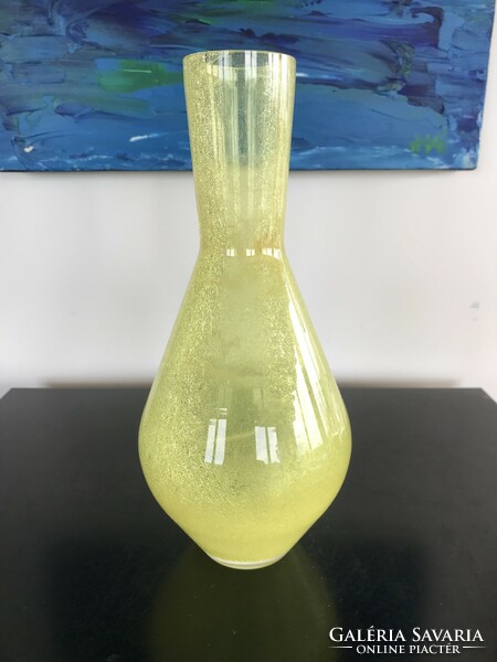 Csodás sárga nagy fátyolüveg váza, karcagi, repesztett üveg, kraklé üveg váza (M162)