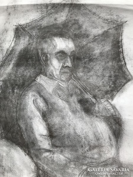 PIRK J. jelzéssel grafika - Esernyő alatt széken ülő férfi