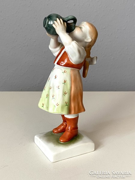 Girl drinking from a jug Herend porcelain painted ornament 19.5 Cm