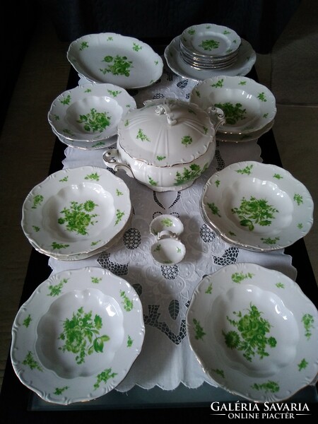 Antique green Zsolnay porcelain tableware with Meissen flower pattern, with green shield seal!