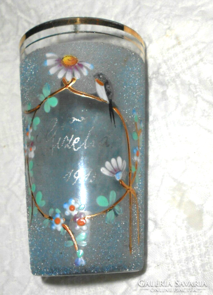 Gizella 1913. Commemorative glass enamel painted glass medallion with marking, flower and bird decoration