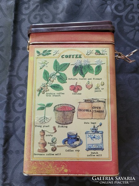 Large metal, embossed coffee box with buckle lid.