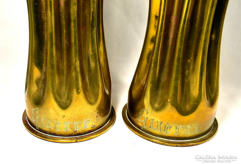 World War I historic battle from the scene: copper cannon gun sleeve front work: pair of vases!