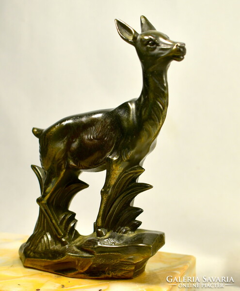 Art deco deer figural marble pedestal bookend statue pair