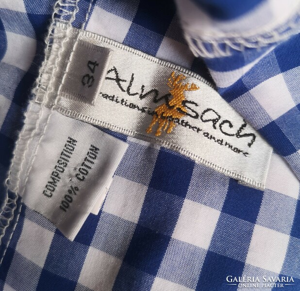 Almsach 34 trachten blouse, blue and white Tyrolean cotton wear, antler buttons