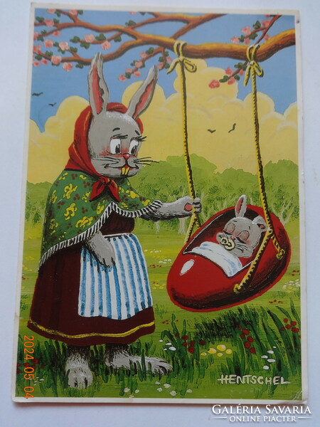 Old graphic opening Easter greeting card, Hentschel Antal graphic - postal clean