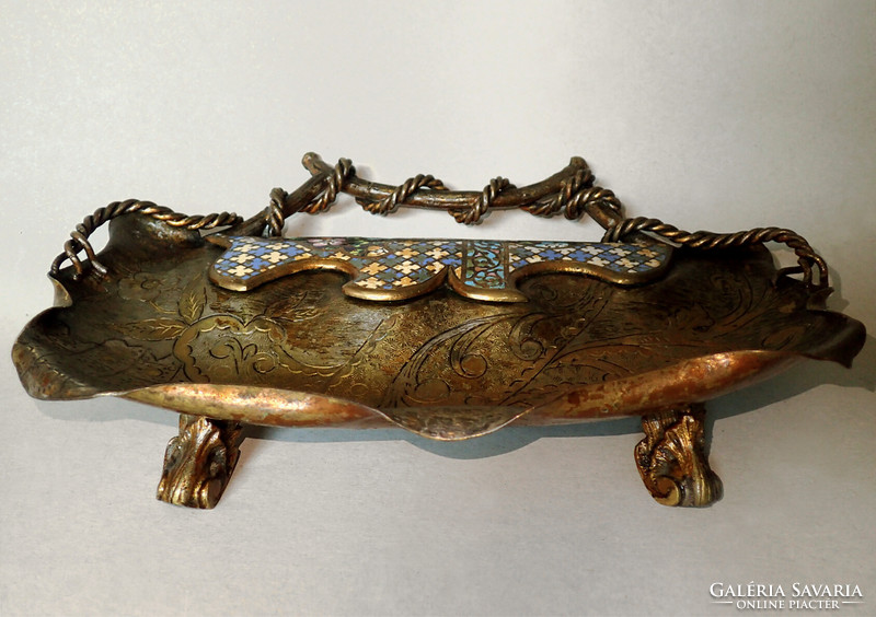 Régi antik meseszép SZECESSZIÓS réz fém TŰZZOMÁNCOS lábas füles kínáló tál zománcozott asztalközép