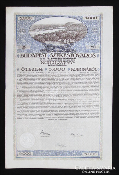 Budapest Székesfőváros kötelezvény 5000 korona 1918