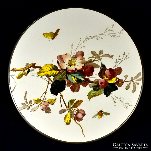 Antique large round earthenware inlay with flower and insect pattern, round cake stand with metal base