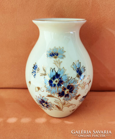 Zsolnay porcelán váza búzavirág mintával aranyozott peremmel
