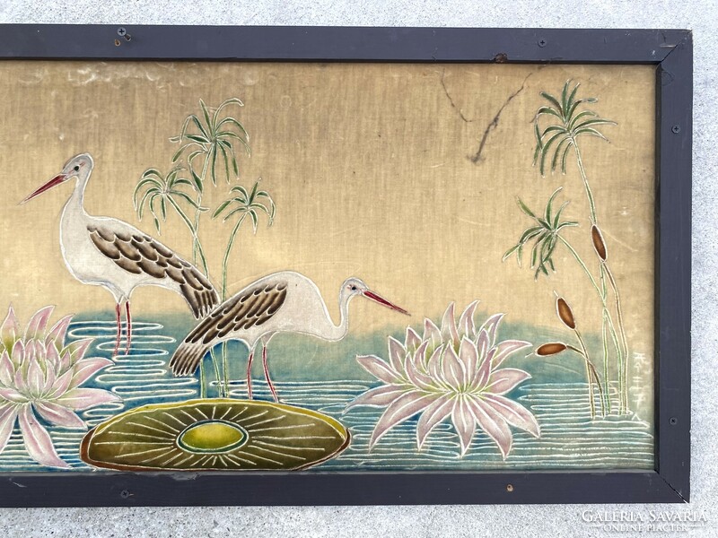 Stork and water lily antique secession marked Japanese needlework in a wooden frame 117 x 48 cm