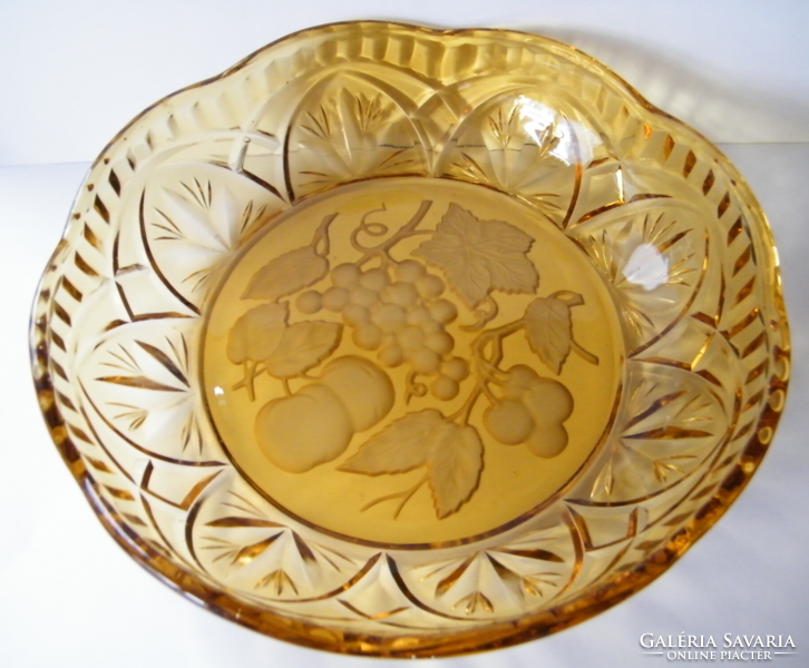 Old, large-sized, grape motif, amber-colored, cut glass centerpiece, serving bowl