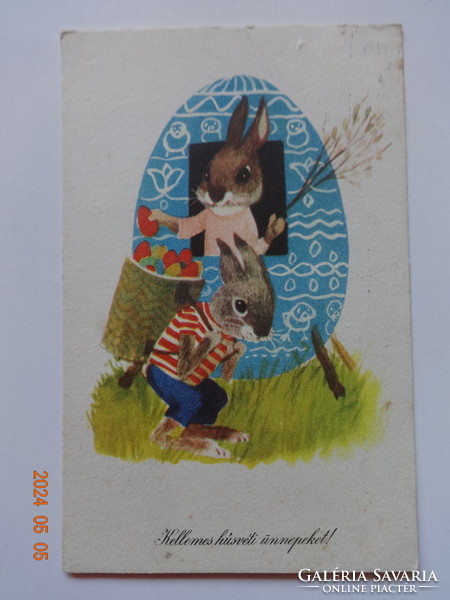Old graphic Easter greeting card, drawing by Sándor Benkő