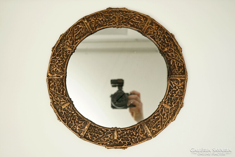 Old circular copper hunting mirror / retro / deer skull