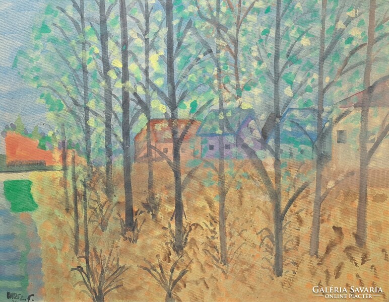 1911-es akvarell "Orosz" jelzéssel (akvarell) Falu az erdő mellett, házak és fál