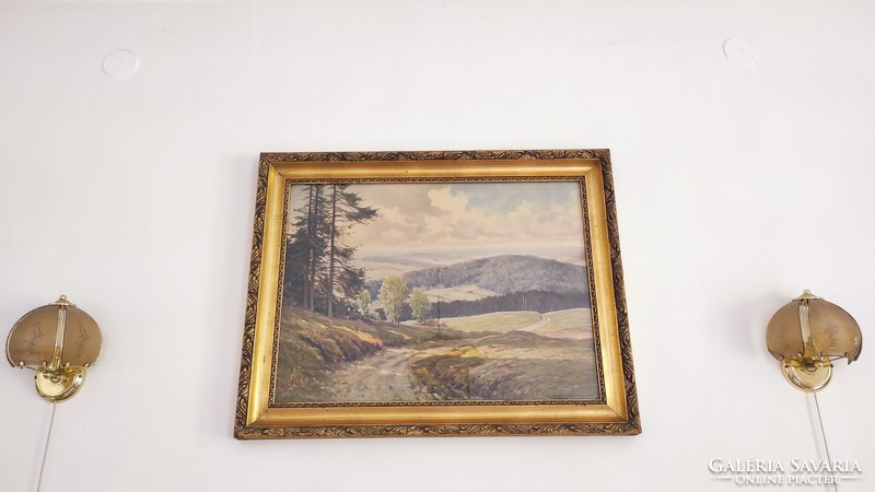 Nagy méretű Erich Krüger festmény Olaj vászon arany kerettel (In the Harz mountain) Német tájkép