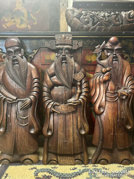 Nagyméretű kínai 3 bölcs, Istenség trópusifa fali faragás, keleti, ázsiai, japán
