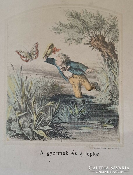 A gyermek és a lepke. Litográfia. Pest, 1857, Róth. Jelzett 10x13 cm