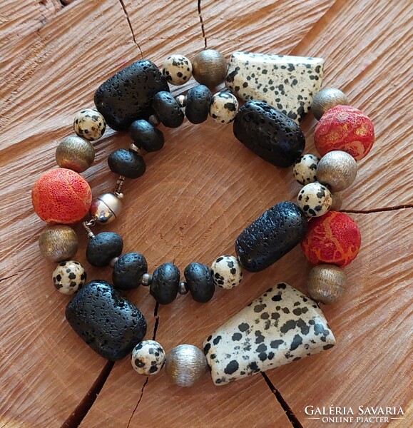 Unique mineral necklace with sponge coral, lava stone and Dalmatian jasper minerals, magnetic ball clasp