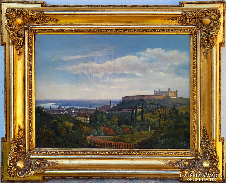 Biedermeier festmény Pozsony (Bratislava) látképe 1865 szignált Eredeti Garanciával!