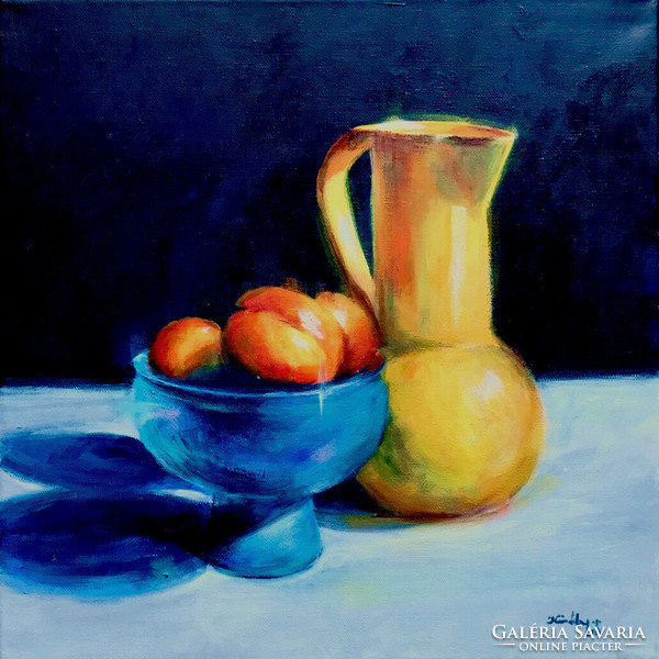 Kék-sárga csendélet - akrilfestmény - 40 x 40 cm