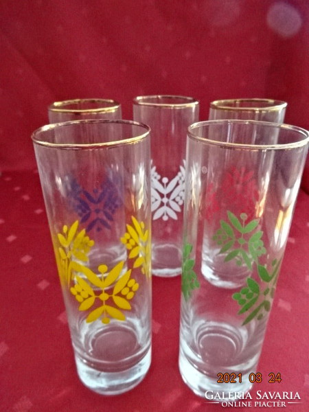 Cylindrical glass cup with golden rim, colorful pattern, height 14 cm. 5 pcs for sale together. He has!