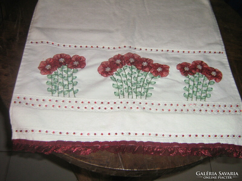 Beautiful vintage ribbon embroidered beaded towel